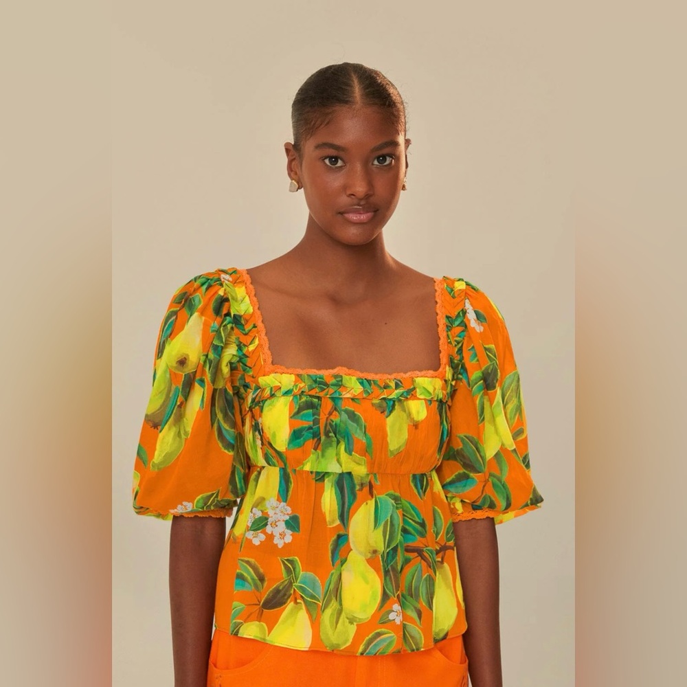 FARM Rio Orange Lemon Print Puff Sleeve Blouse